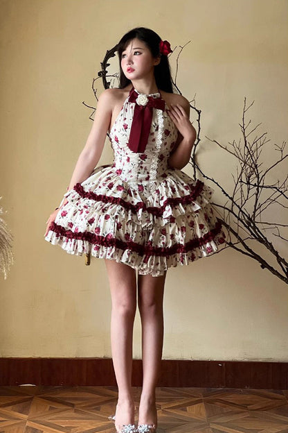 Gothic Lolita Dress - Red/white Halterneck Romantic, 2 Colors, Chinese-Inspired Style - additional product view 2