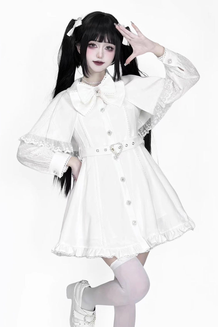 Gothic Lolita Dress - Removable Ruffle Lace Jirai, White, Long Sleeves, Lace Trim, Ruffled - main product image