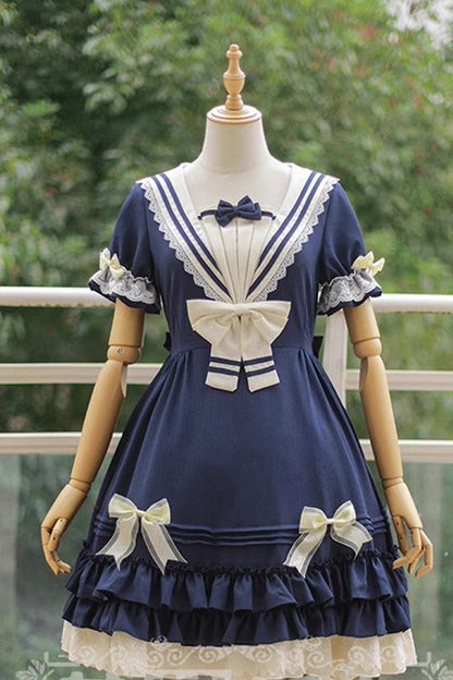 Gothic Lolita Dress - Rhine River Navy Style, 4 Colors, Sweet Style, Bow Detail - main product image