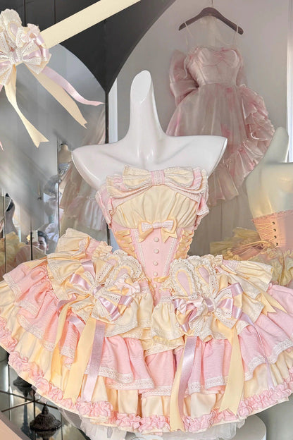 Gothic Lolita Dress - Ribbon Dance, 3 Colors, Lace Trim, Ruffled, Layered - XS Pink/Yellow / S Pink/Yellow / M Pink/Yellow option