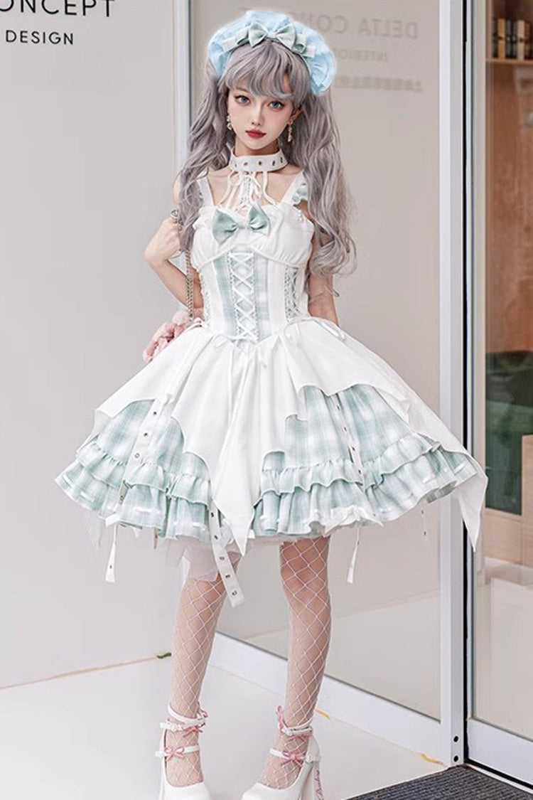 Gothic Lolita Dress - Rock Radio Wave Irregular, 3 Colors, Bow Detail, Printed - S White Green / M White Green / L White Green option