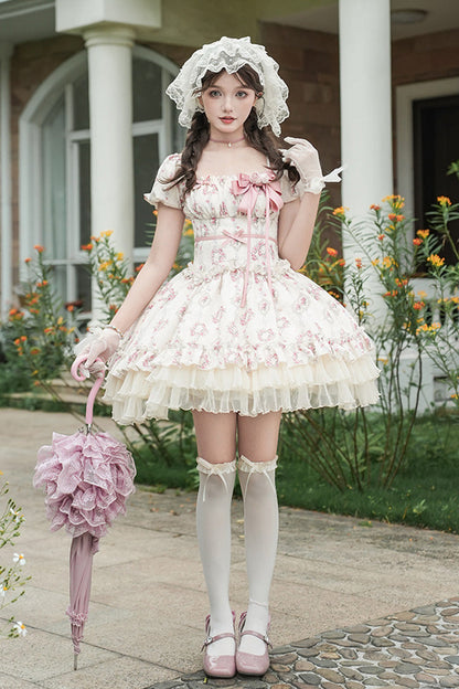 Gothic Lolita Dress - Rose After The Rain, Ivory, Square Collar, Short Length, Bow Detail - additional product view 2