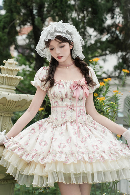 Gothic Lolita Dress - Rose After The Rain, Ivory, Square Collar, Short Length, Bow Detail - additional product view 3