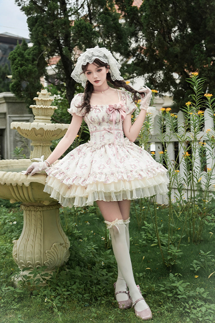 Gothic Lolita Dress - Rose After The Rain, Ivory, Square Collar, Short Length, Bow Detail - additional product view 4