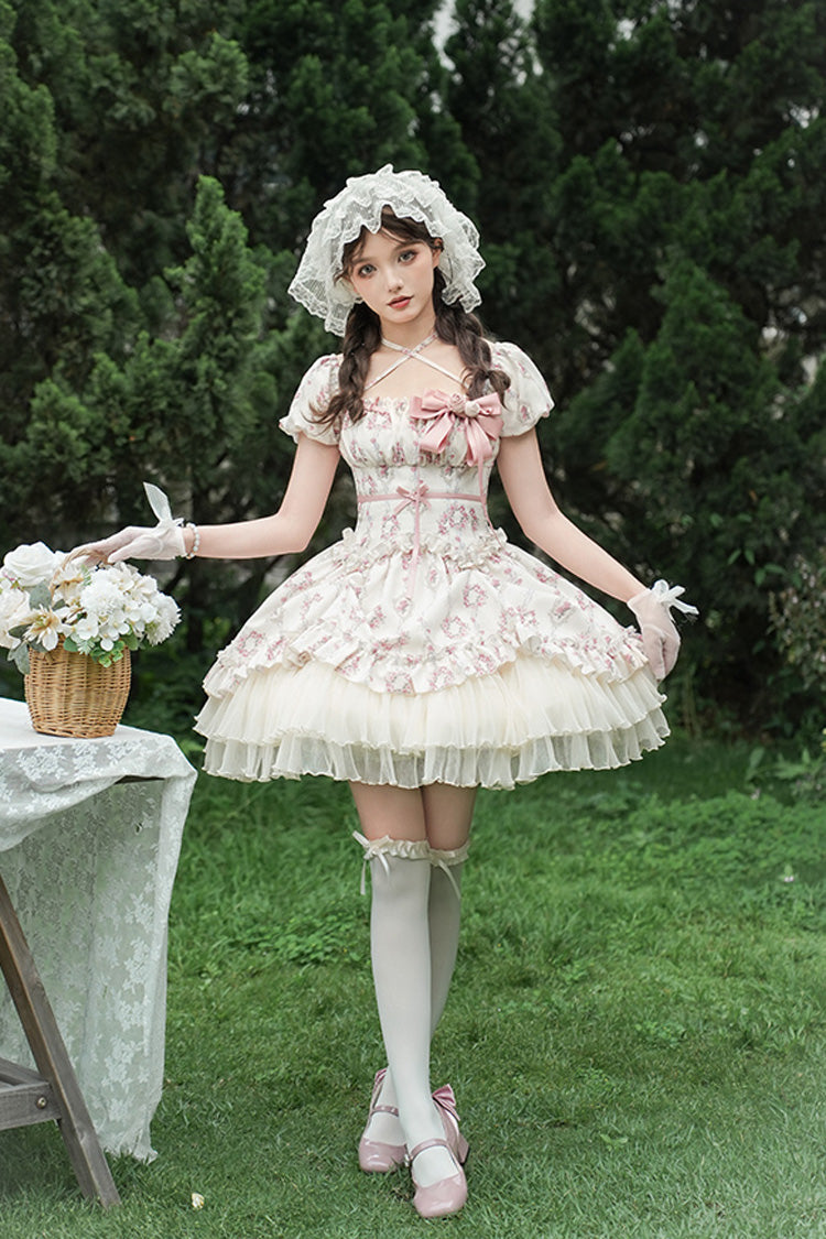 Gothic Lolita Dress - Rose After The Rain, Ivory, Square Collar, Short Length, Bow Detail - additional product view 5