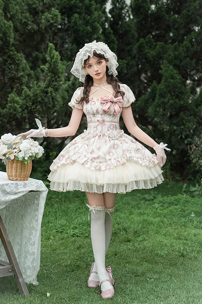 Gothic Lolita Dress - Rose After The Rain, Ivory, Square Collar, Short Length, Bow Detail - additional product view 5