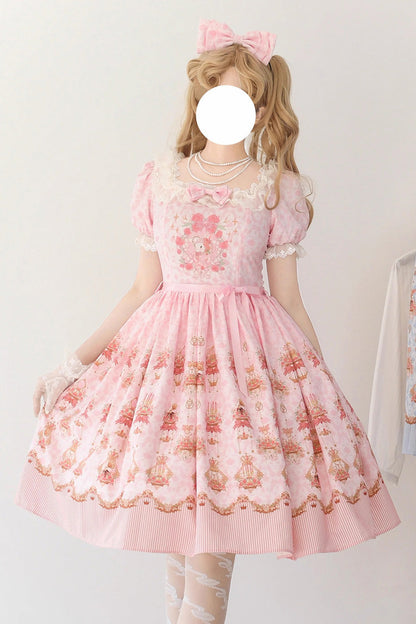 Gothic Lolita Dress - Rose Garden Rabbit, Pink, Ruffled, Printed, Sweet Style - main product image