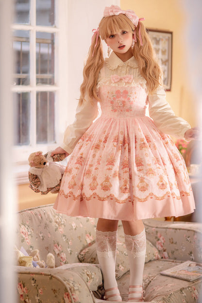 Gothic Lolita Dress - Rose Garden Rabbit, Pink, Ruffled, Printed, Sweet Style - S Pink JSK / M Pink JSK / L Pink JSK option