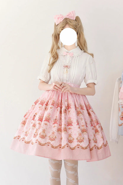 Gothic Lolita Dress - Rose Garden Rabbit, Pink, Ruffled, Printed, Sweet Style - S Pink Skirt / M Pink Skirt / L Pink Skirt option