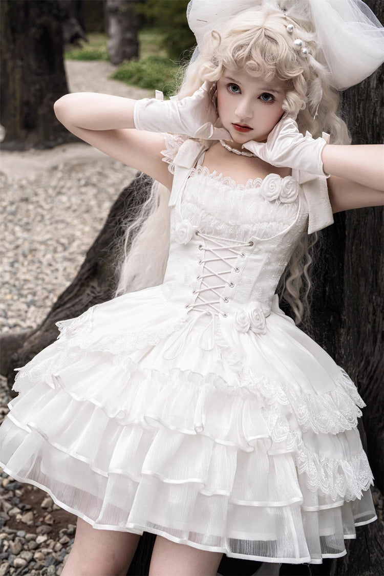 Gothic Lolita Dress - Rose Multi-layer, White, Detachable Detail, Layered, Sweet Style - additional product view 3