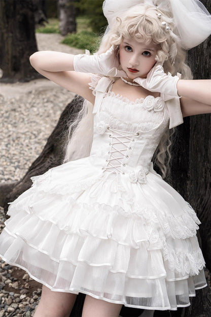 Gothic Lolita Dress - Rose Multi-layer, White, Detachable Detail, Layered, Sweet Style - additional product view 3
