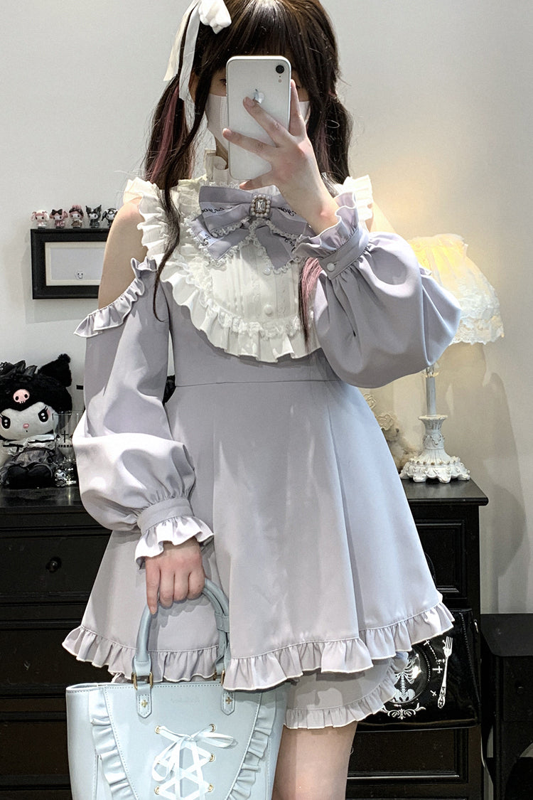 Gothic Lolita Dress - Rose Princess, Blue, Ruffled, Long Sleeves, Bow Detail - additional product view 5