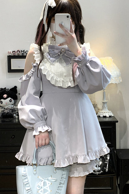 Gothic Lolita Dress - Rose Princess, Blue, Ruffled, Long Sleeves, Bow Detail - additional product view 5