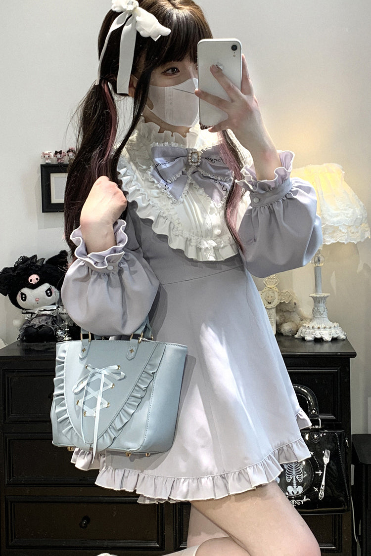 Gothic Lolita Dress - Rose Princess, Blue, Ruffled, Long Sleeves, Bow Detail - additional product view 6