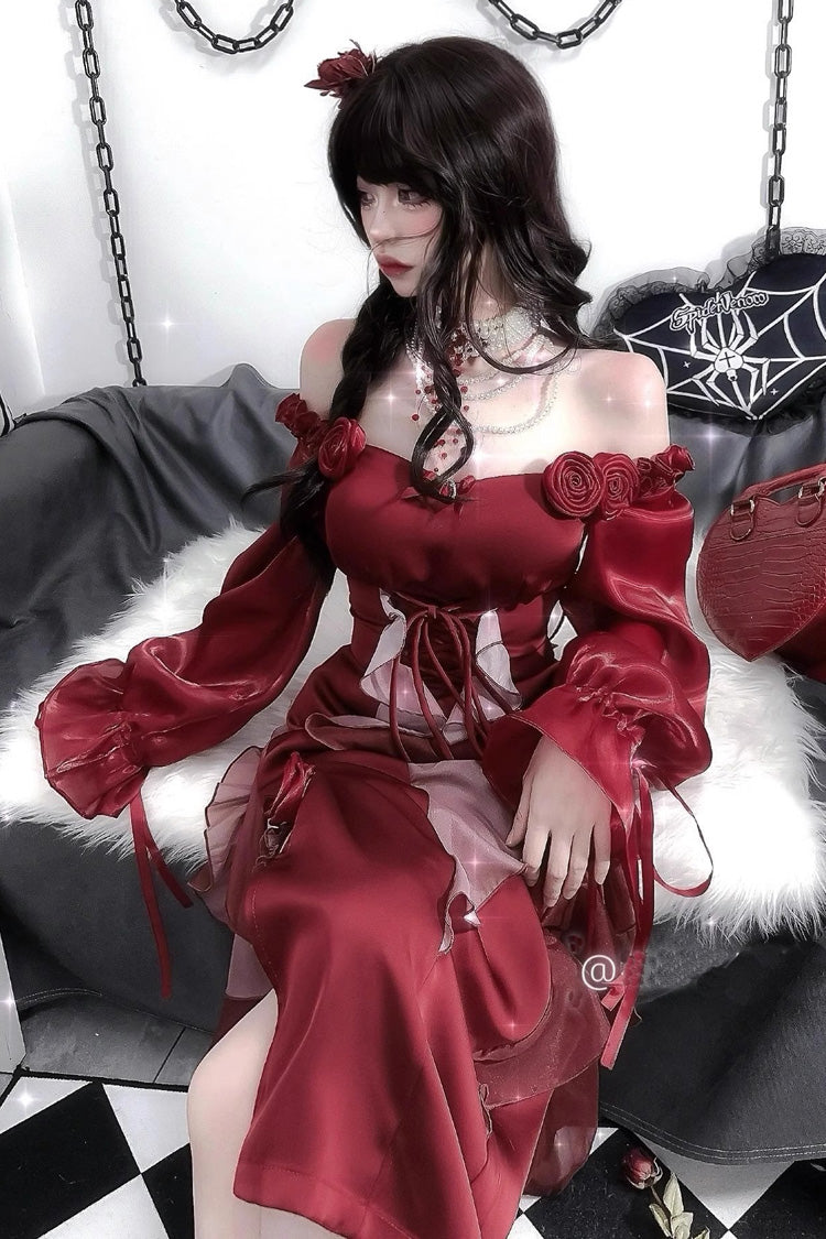 Gothic Lolita Dress - Rose, Red, Bow Detail, Long Sleeves, Classic Style - additional product view 2