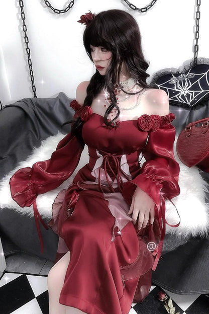 Gothic Lolita Dress - Rose, Red, Bow Detail, Long Sleeves, Classic Style - additional product view 2