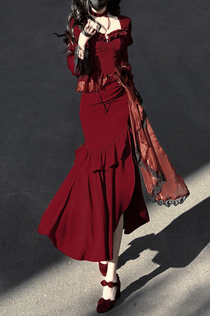 Gothic Lolita Dress - Rose, Red, Long Sleeves, Classic Style, Bow Detail - additional product view 2