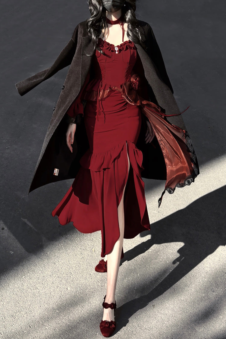 Gothic Lolita Dress - Rose, Red, Long Sleeves, Classic Style, Bow Detail - additional product view 3