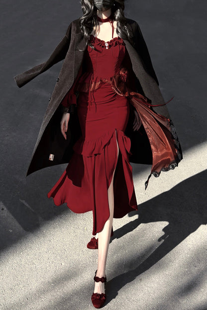 Gothic Lolita Dress - Rose, Red, Long Sleeves, Classic Style, Bow Detail - additional product view 3