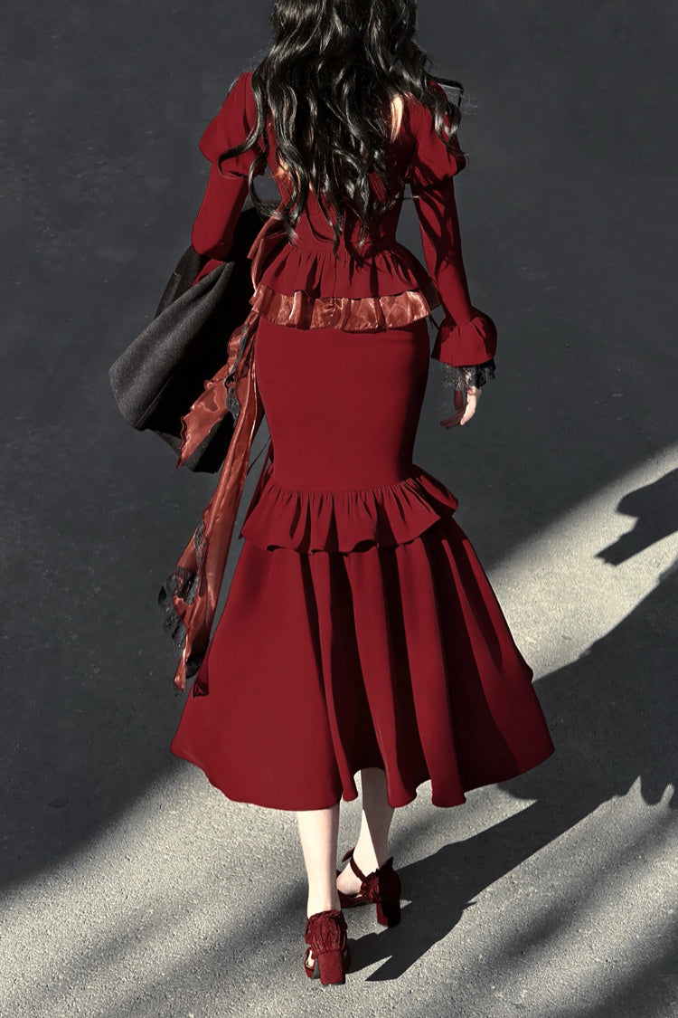 Gothic Lolita Dress - Rose, Red, Long Sleeves, Classic Style, Bow Detail - additional product view 4