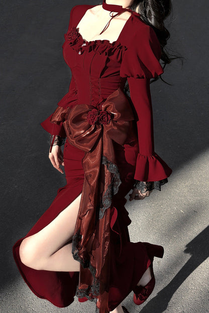 Gothic Lolita Dress - Rose, Red, Long Sleeves, Classic Style, Bow Detail - additional product view 5
