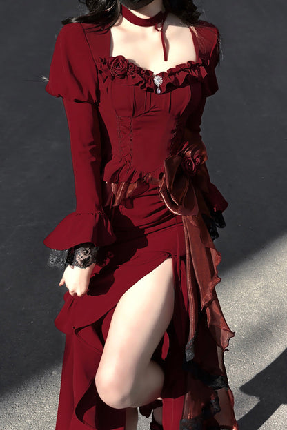 Gothic Lolita Dress - Rose, Red, Long Sleeves, Classic Style, Bow Detail - main product image