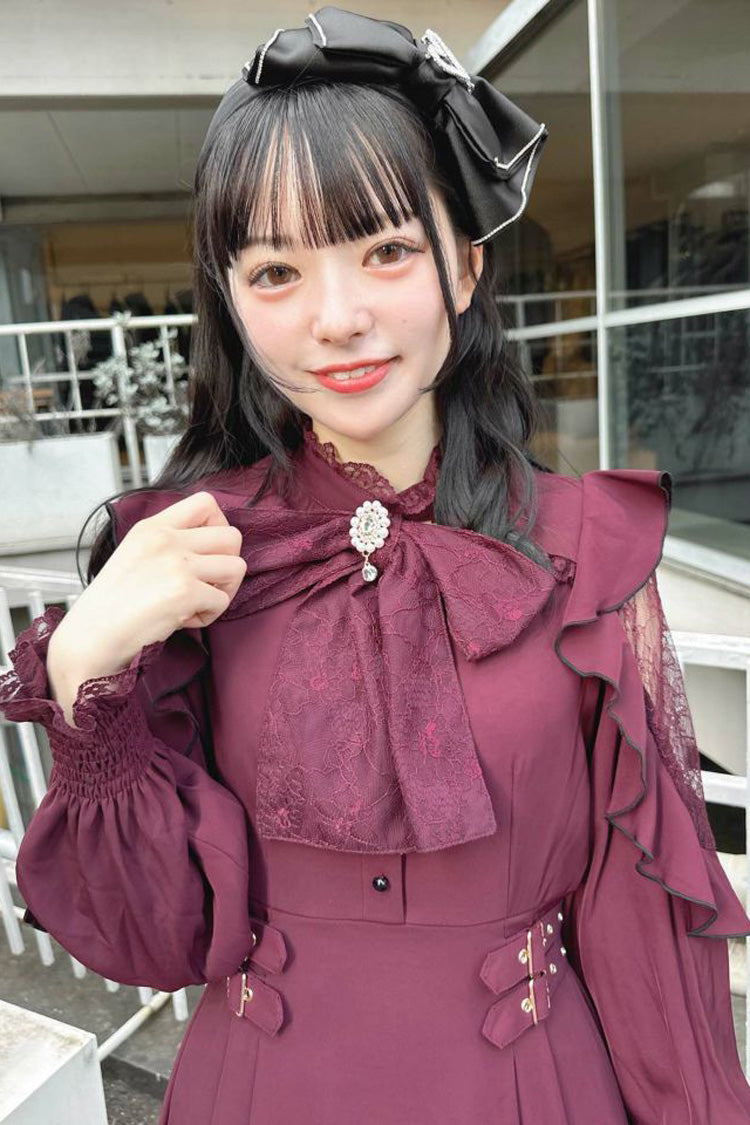 Gothic Lolita Dress - Rose Red Stand Collar Off, Red, Stand Collar, Bow Detail - additional product view 2