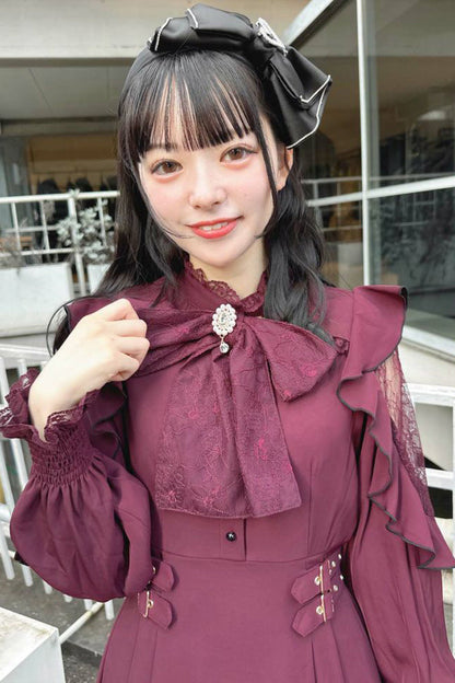 Gothic Lolita Dress - Rose Red Stand Collar Off, Red, Stand Collar, Bow Detail - additional product view 2