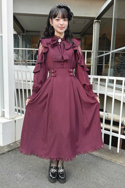 Gothic Lolita Dress - Rose Red Stand Collar Off, Red, Stand Collar, Bow Detail - additional product view 3