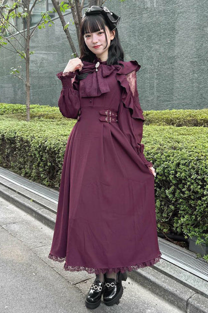Gothic Lolita Dress - Rose Red Stand Collar Off, Red, Stand Collar, Bow Detail - additional product view 4