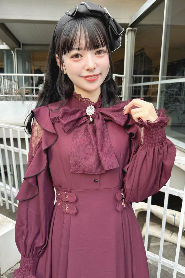Gothic Lolita Dress - Rose Red Stand Collar Off, Red, Stand Collar, Bow Detail - additional product view 7