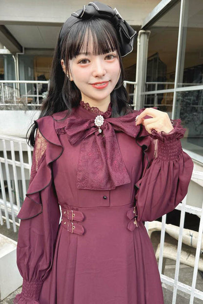 Gothic Lolita Dress - Rose Red Stand Collar Off, Red, Stand Collar, Bow Detail - additional product view 7
