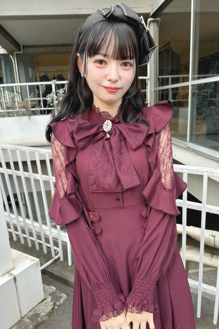 Gothic Lolita Dress - Rose Red Stand Collar Off, Red, Stand Collar, Bow Detail - additional product view 8