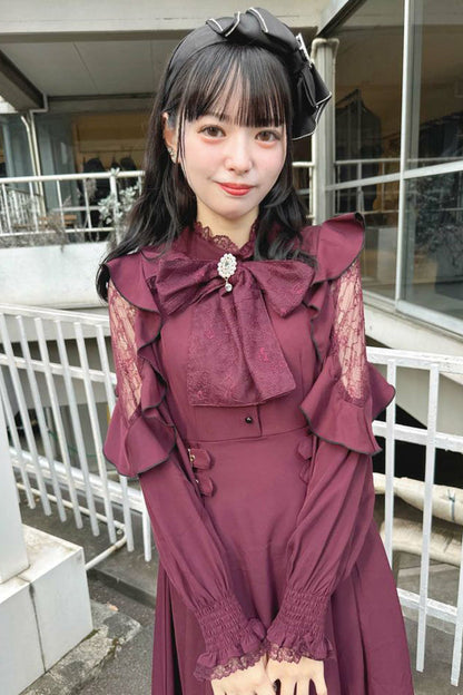 Gothic Lolita Dress - Rose Red Stand Collar Off, Red, Stand Collar, Bow Detail - additional product view 8