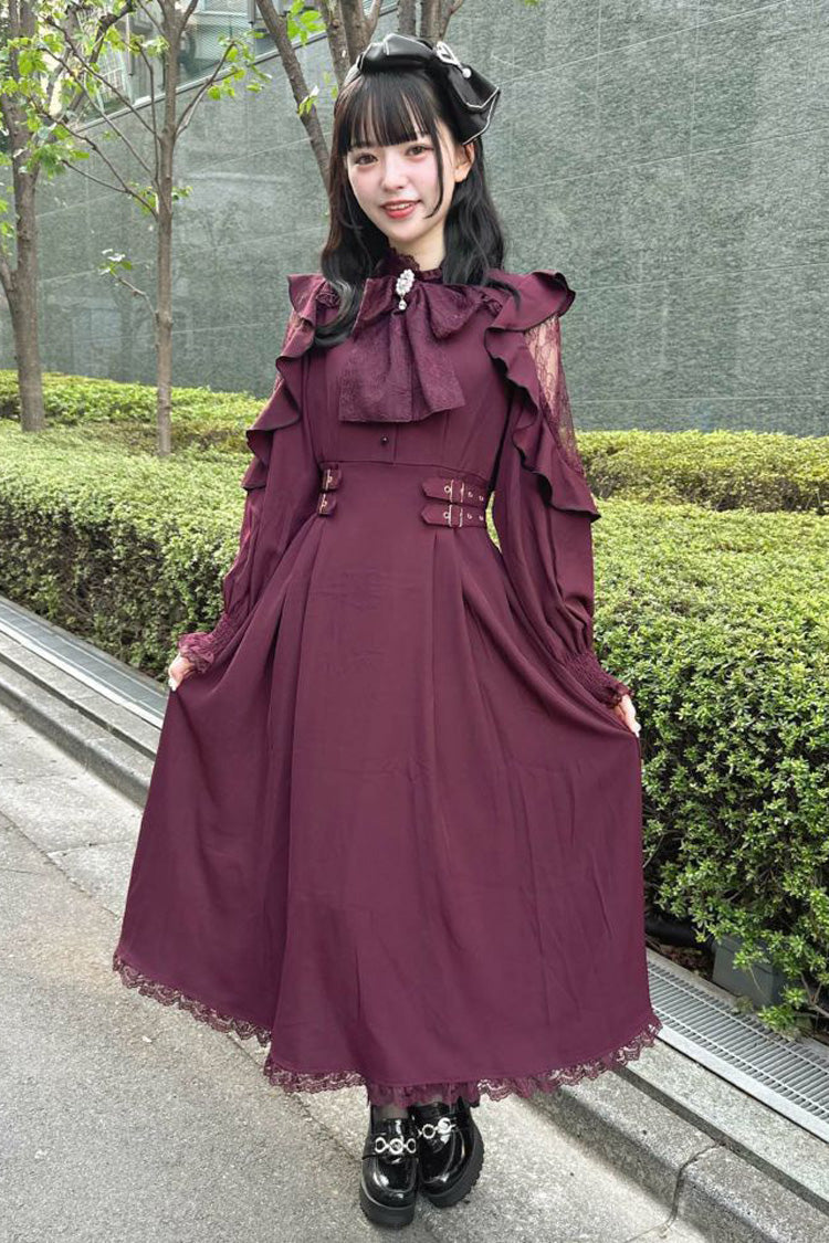 Gothic Lolita Dress - Rose Red Stand Collar Off, Red, Stand Collar, Bow Detail - main product image