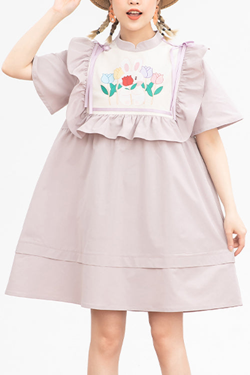 Gothic Lolita Dress - Round Collar Cartoon Floral, Pink, High Waist, Ruffled, Printed - main product image