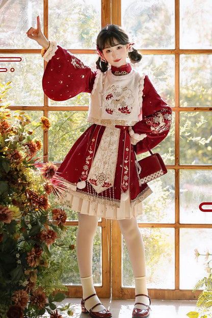 Gothic Lolita Dress - Round Collar Lantern High, Red, High Waist, Women's Style - additional product view 2