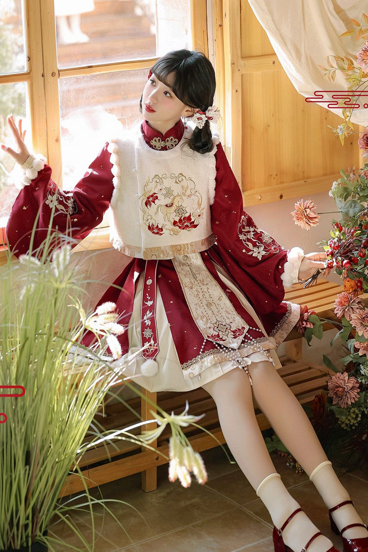 Gothic Lolita Dress - Round Collar Lantern High, Red, High Waist, Women's Style - additional product view 4