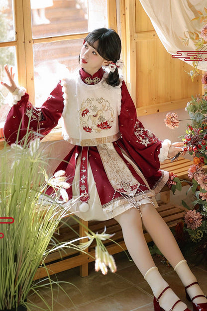 Gothic Lolita Dress - Round Collar Lantern High, Red, High Waist, Women's Style - additional product view 4