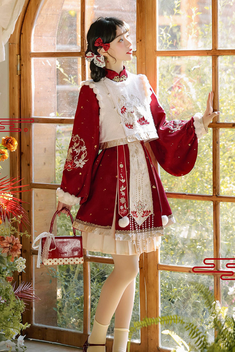 Gothic Lolita Dress - Round Collar Lantern High, Red, High Waist, Women's Style - additional product view 7
