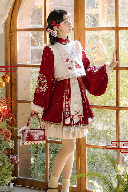 Gothic Lolita Dress - Round Collar Lantern High, Red, High Waist, Women's Style - additional product view 7
