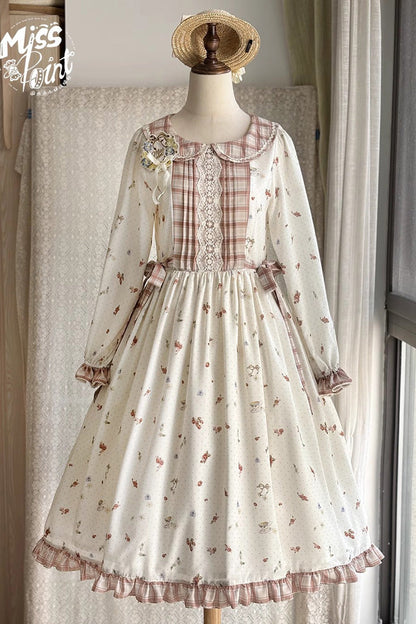 Gothic Lolita Dress - Round Collar Print Ruffle, Ivory, Printed, Long Sleeves, Sweet Style - additional product view 3
