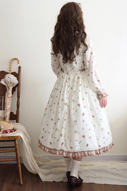 Gothic Lolita Dress - Round Collar Print Ruffle, Ivory, Printed, Long Sleeves, Sweet Style - additional product view 5