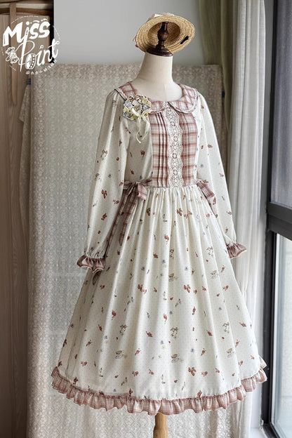 Gothic Lolita Dress - Round Collar Print Ruffle, Ivory, Printed, Long Sleeves, Sweet Style - additional product view 6