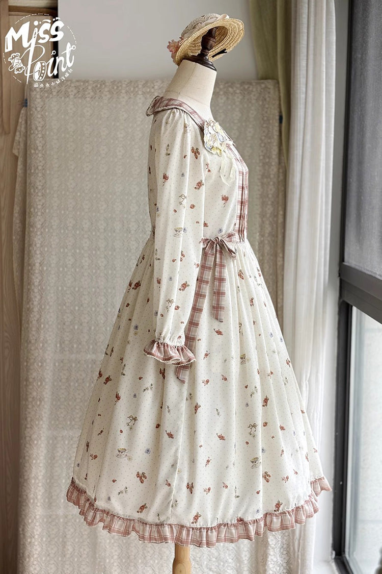 Gothic Lolita Dress - Round Collar Print Ruffle, Ivory, Printed, Long Sleeves, Sweet Style - additional product view 7