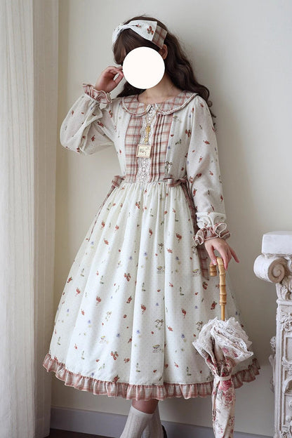 Gothic Lolita Dress - Round Collar Print Ruffle, Ivory, Printed, Long Sleeves, Sweet Style - main product image