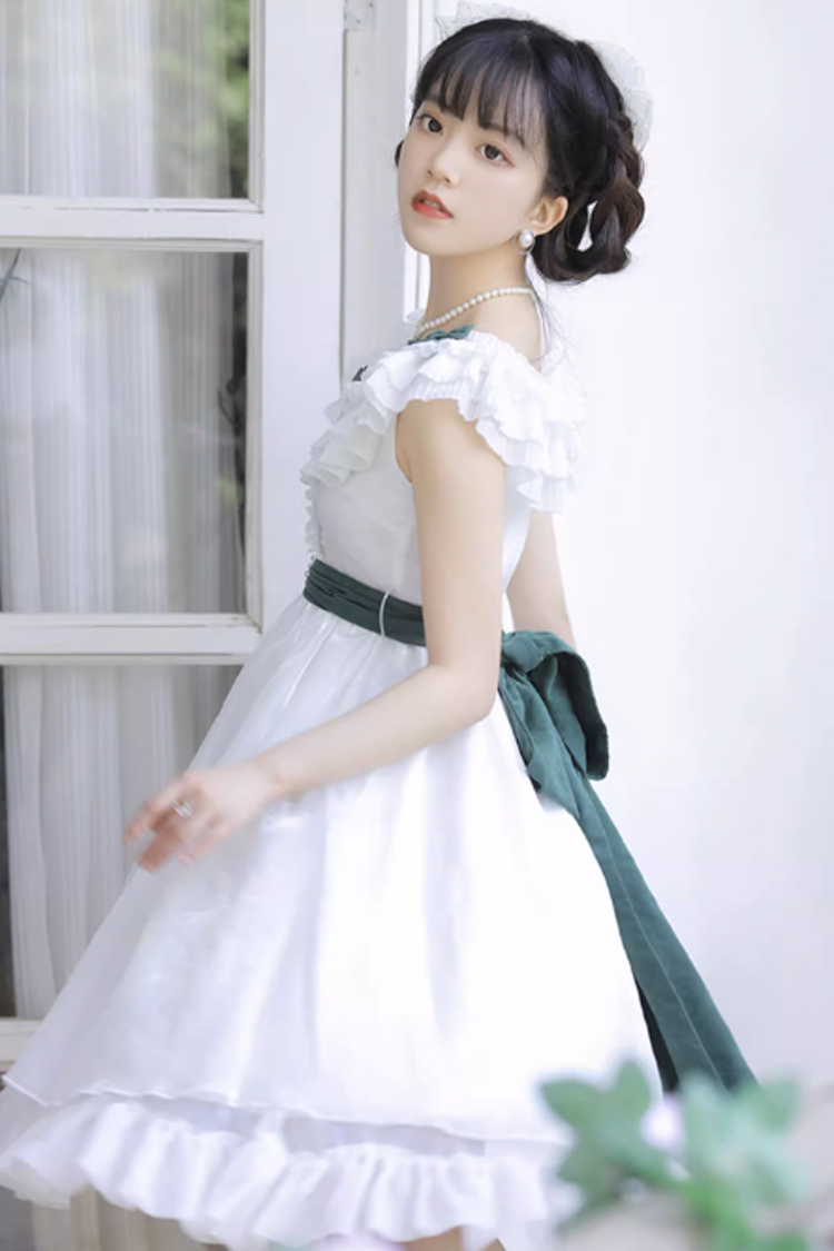 Gothic Lolita Dress - Round Collar Ruffle Bowknot, White, Bow Detail, Ruffled, Sweet Style - additional product view 4