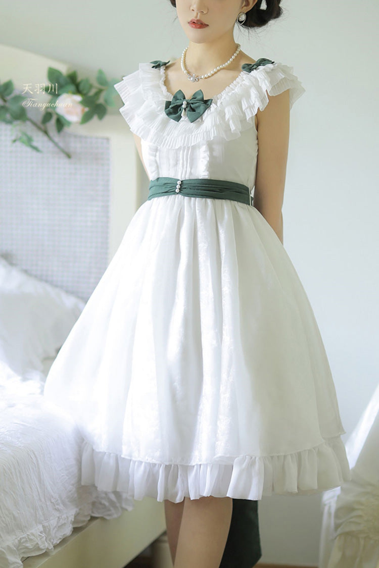 Gothic Lolita Dress - Round Collar Ruffle Bowknot, White, Bow Detail, Ruffled, Sweet Style - main product image