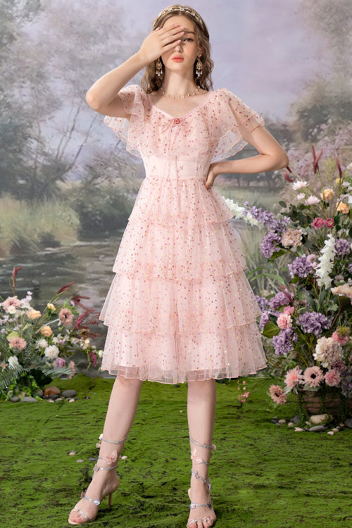 Gothic Lolita Dress - Round Collar Ruffled Polka, Pink, Sweet Style, Printed, Layered - additional product view 2