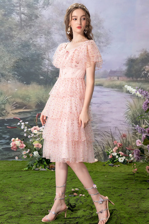 Gothic Lolita Dress - Round Collar Ruffled Polka, Pink, Sweet Style, Printed, Layered - additional product view 3